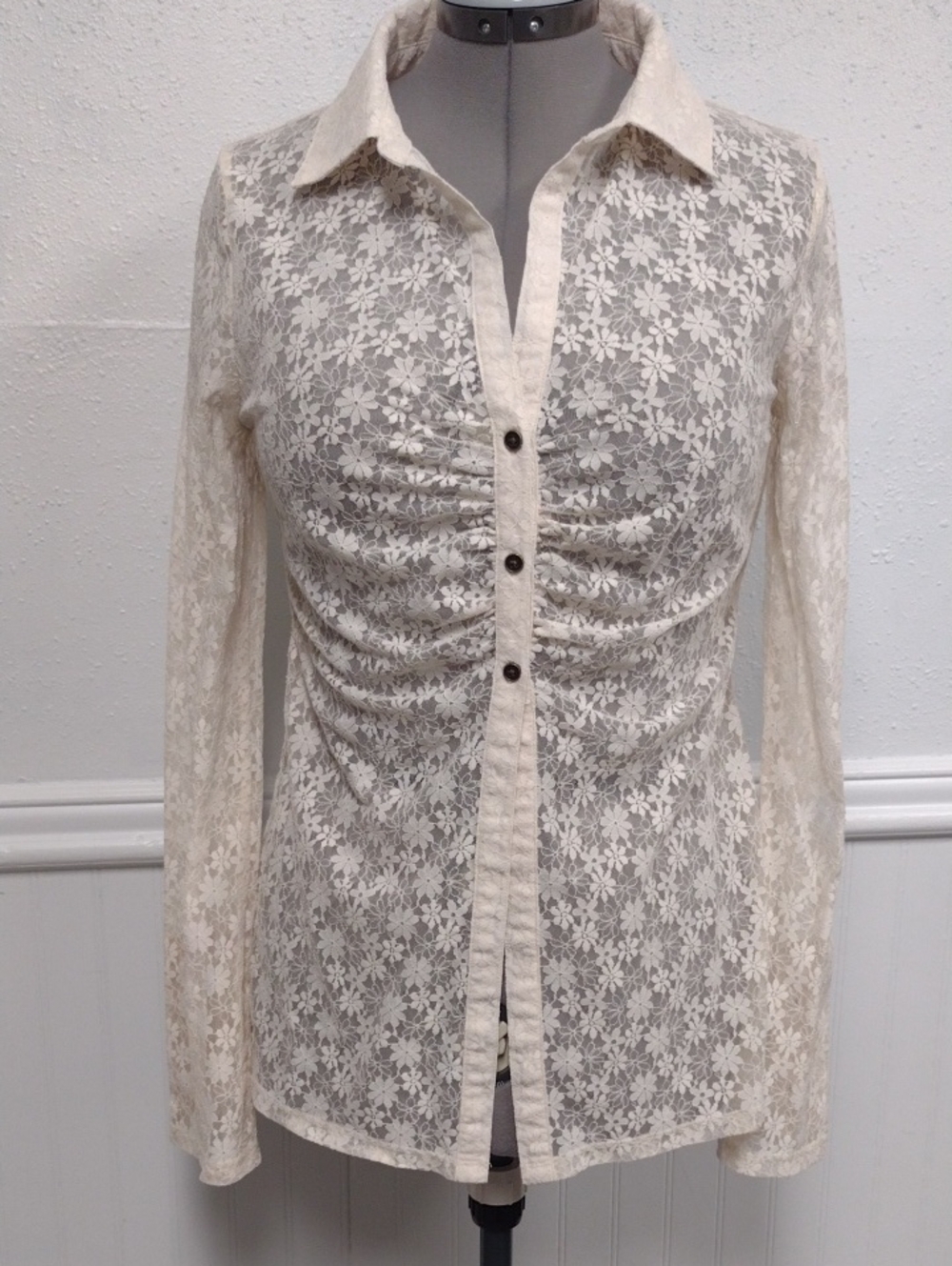 Ruched Cream Lace Button-Down Blouse
